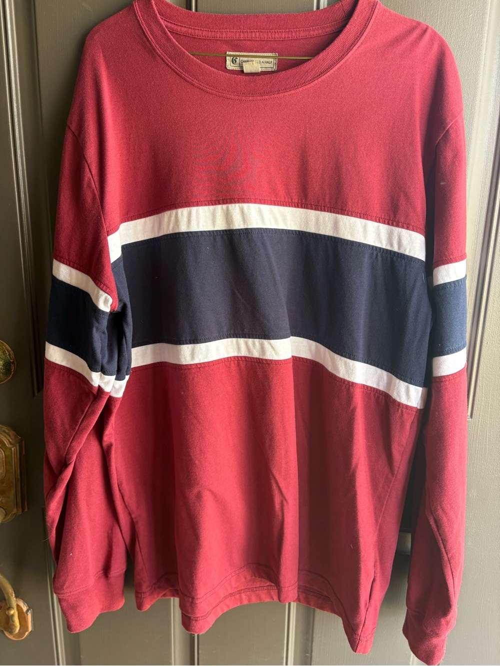 Charles and A Half Men's Red Colorblock Crewneck Sweater with Navy & White Strip